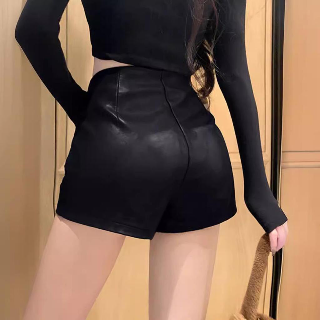 Women's High Waist Black Leather Shorts - 2025 Autumn Collection: Slimming A-line Hot Pants