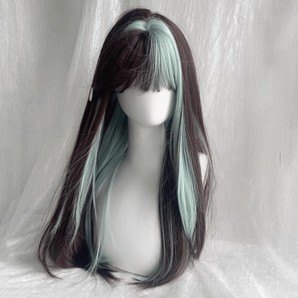 Cosplay Ombre Mint Green Brown Hair Fluffy Long Straight Wig with Bangs  Halloween