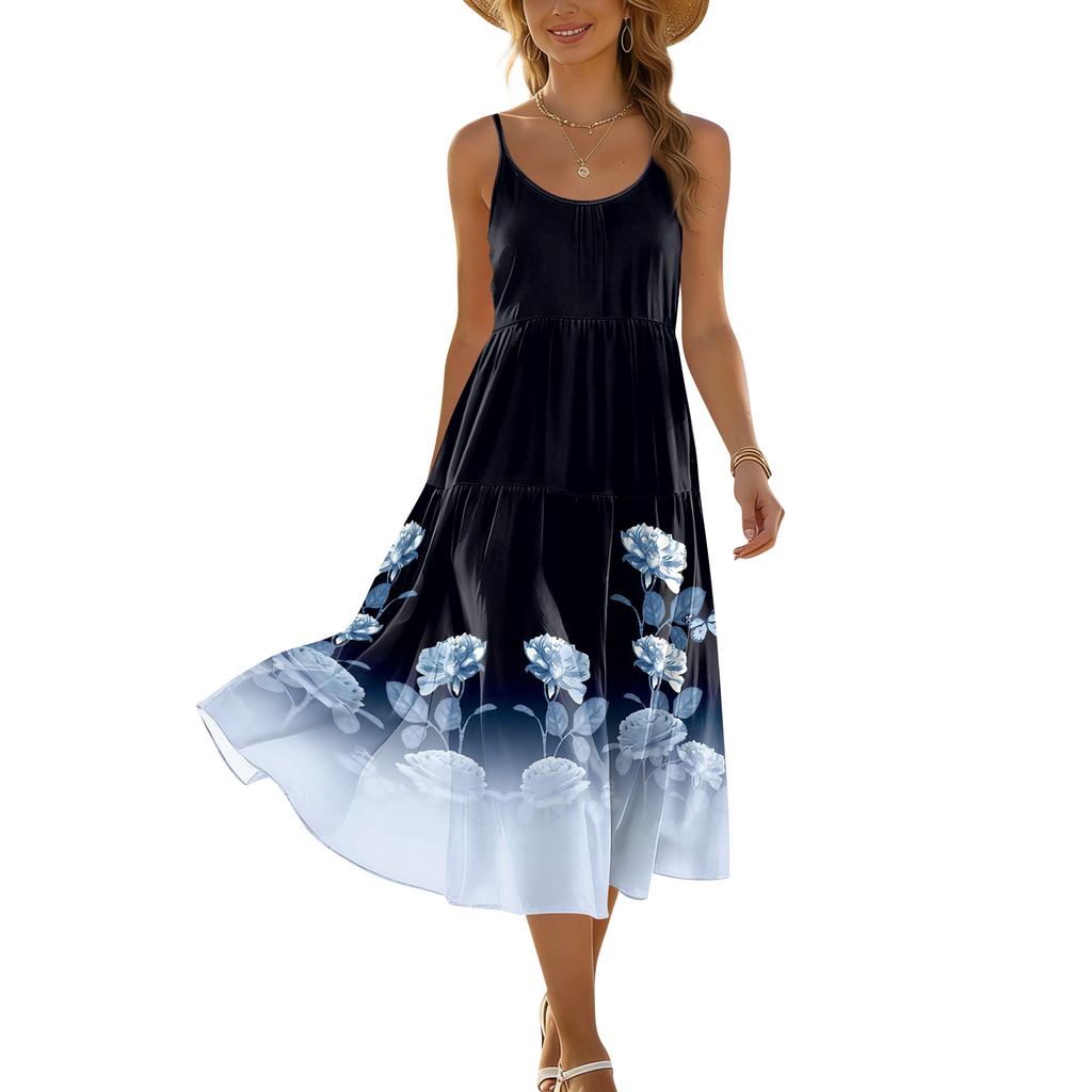 Women's Summer Floral Print Adjustable Strap Bohemian Casual Beach Holiday Midi Dress with Pockets for Relaxed Outings