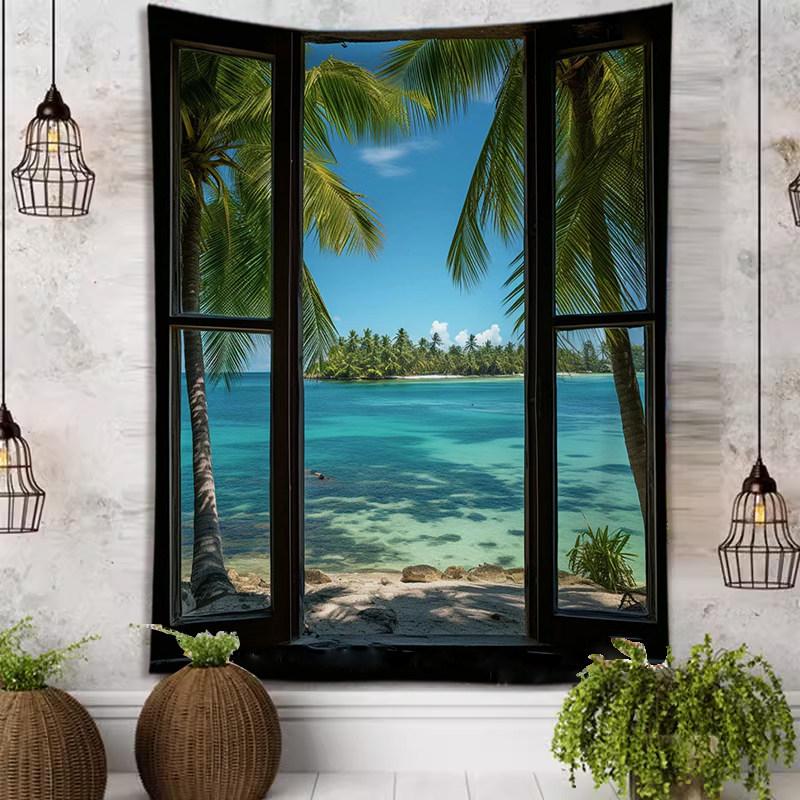 Window View Beach Tapestry Tropical Ocean Wall Hanging for Bedroom Living Room Dorm Vacation Aesthetic Home Decor