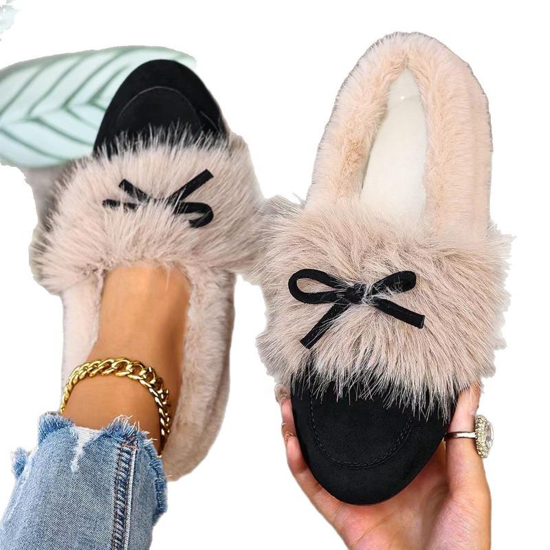 Scarpe Basse Pellicciose Stile Coreano da Donna, Mocassini Slip-On Punta Tonda con Fiocco, Scarpe Invernali Foderate in Peluche Multicolore