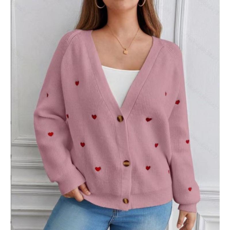 Love embroidered knitted sweater jacket, autumn and winter single-breasted V-neck sweater cardigan for women