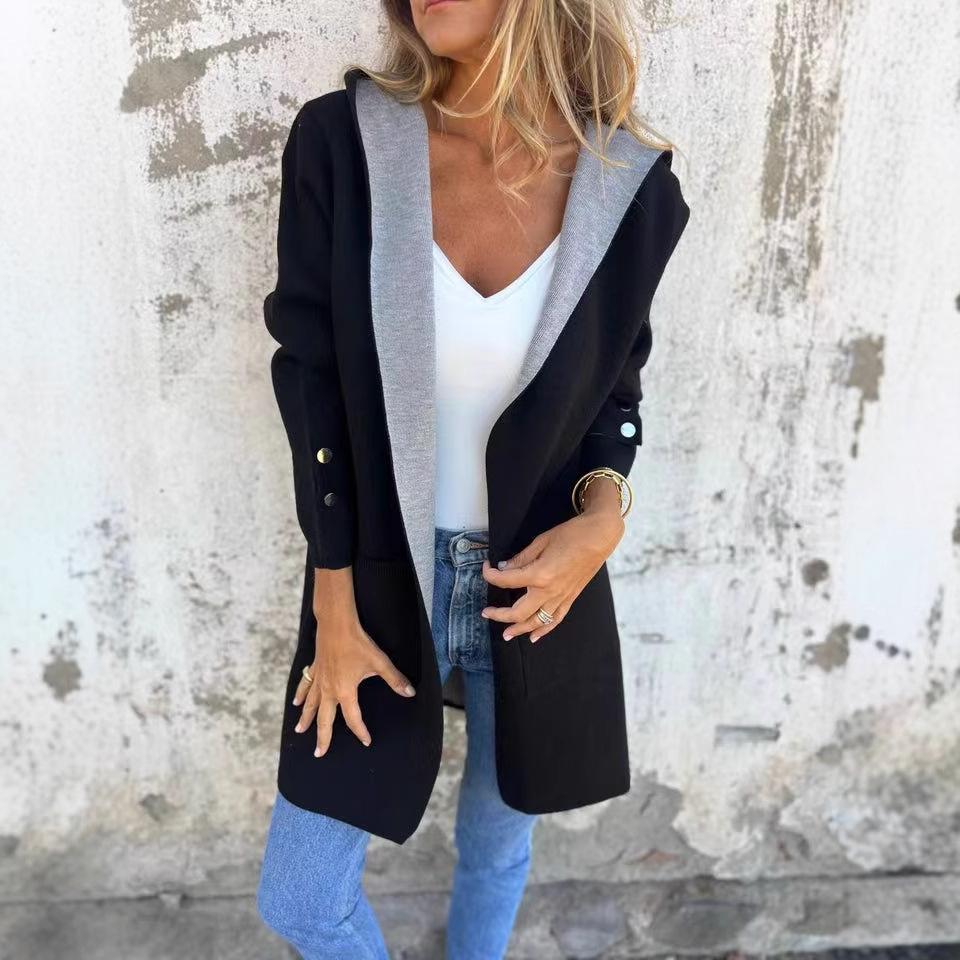 Women's Orange Hooded Cardigan Sweater Casual Long Sleeve Open Front Lightweight Jacket