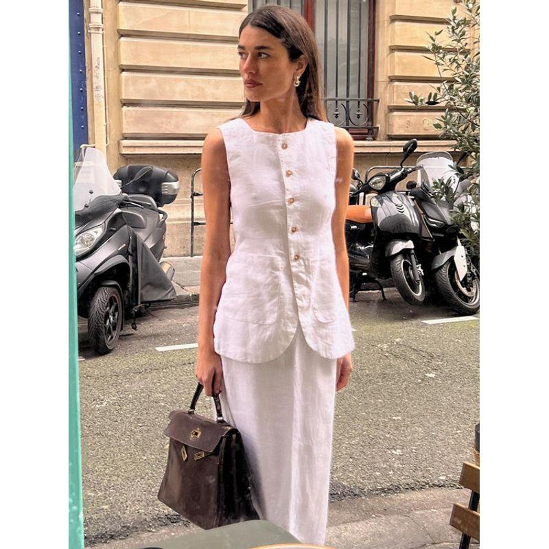 Solid Color Sleeveless Long Skirt Set Solid Sleeveless Cardigan Long Dress Set Women