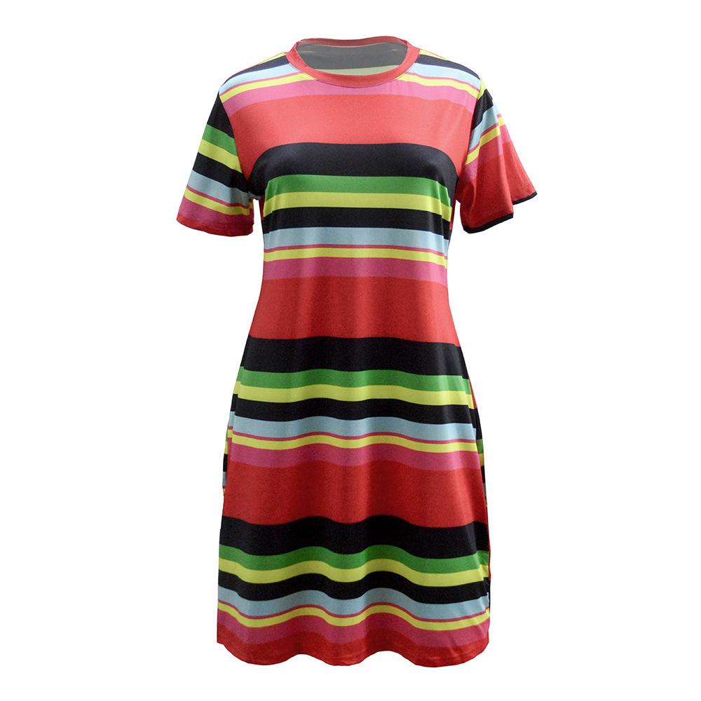 

European and American summer new striped slim-fit red large-size fat woman fashion dress women s clothing L