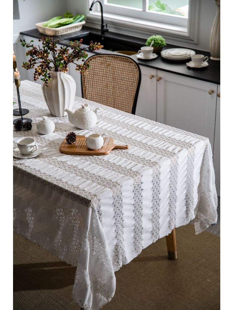 French Retro Jacquard Lace White Tablecloth Household Rectangular Coffee Table Dining Table Fabric Hollow
