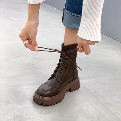 Mode Mode Damen Echtleder Stiefeletten 2024 Herbst/Winter Plüsch Dicke Sohle Britischer Stil Erhöhte Mittellange Kurze Stiefel