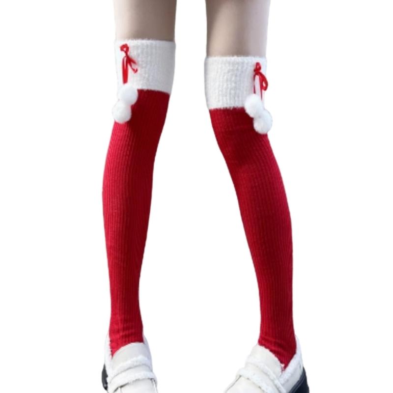 

Holiday Christmas Fuzzy Knitted Thigh High Long Socks for Women Plush Ball Bowknot Accent Warm Over the Knee Stockings 1