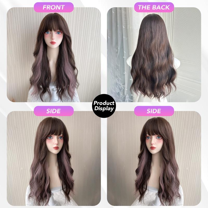 Brown Pink Bangs Wig 26 Inch Fiber Synthetic Wigs Heat-resistant Natural Party or Selfie For Women Korean Fashion