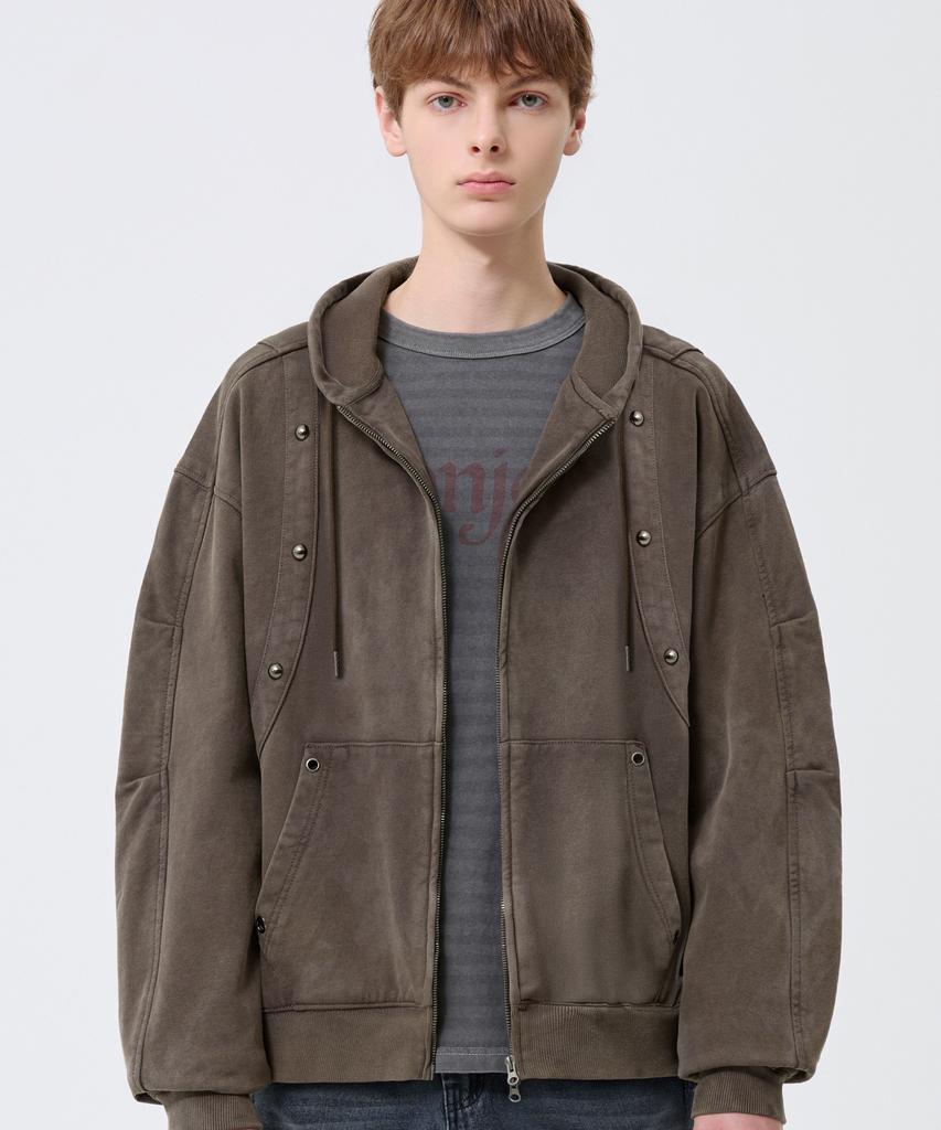 Trillion Vintage Studded Pigment 2-Way Zip-Up Hoodie_Brown