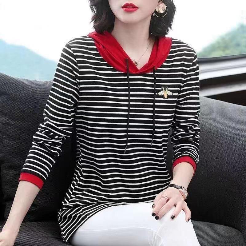 2025 Spring & Autumn Hooded Striped Sweatshirt for Middle-Aged & Plus Size, Mid-Length Mother's Wear