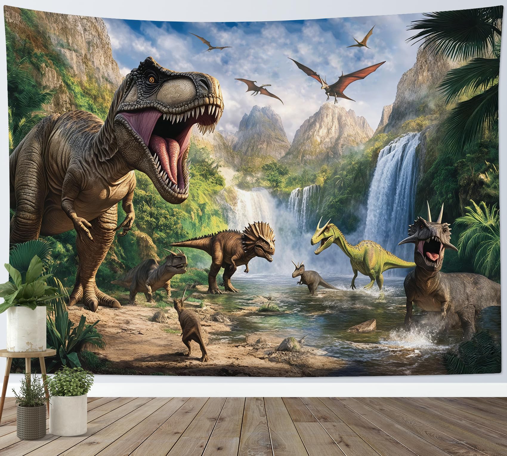 Dinozauru Plēsoņu Gobelēns Tropu Mežs Kalnu