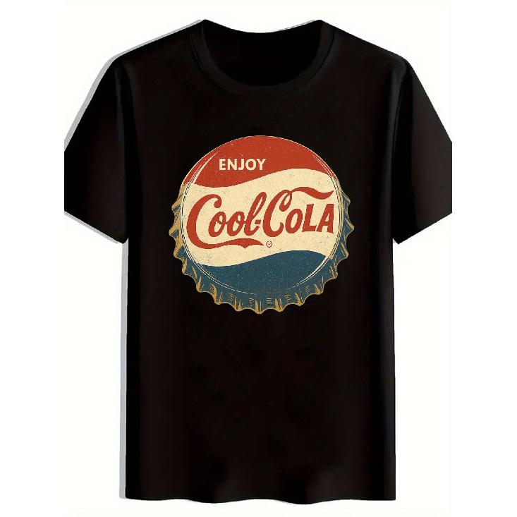 Men s Vintage Cool Cola T-Shirt - Retro Enjoy Cool Cola Print Crew Neck Tee, Black Casual Short Sleeve Shirt with Iconic Cola Design, Comfortable S