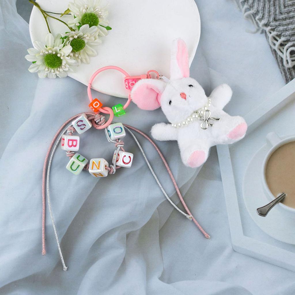 Plush Rabbits Bead Keychain Lovely Decorations Keyring Ornament Backpack Handbag Charm Pendant Gift for Girls Women
