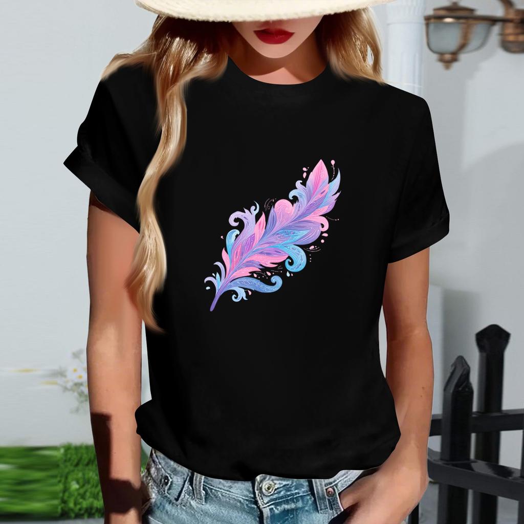 Women's Fashionable Round Neck Casual Retro Print Short Sleeved T-shirt Top