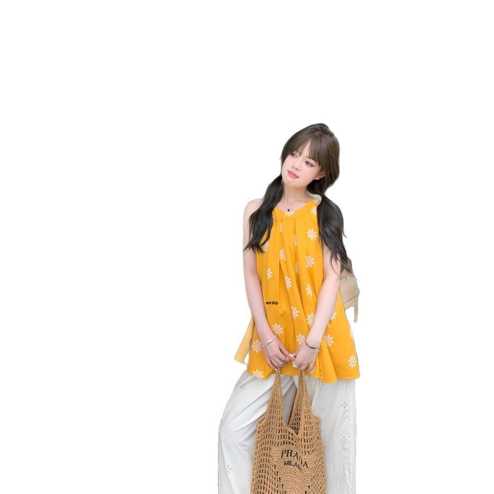 Korean Chic Floral Halter Vest - 2025 Summer Style for Women: Petite Vacation Shirt