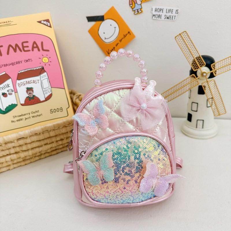 Backpack Kids Sequined With Faux Pearl Handheld Lace Bow And Butterfly Decor