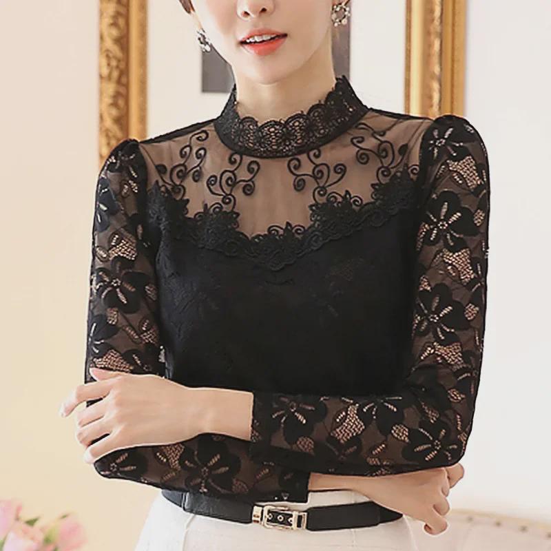 Women's Lace Chiffon Shirt - Long Sleeve, Stand-Up Collar, Slim Fit, Autumn/Winter Fashion, Plus Size