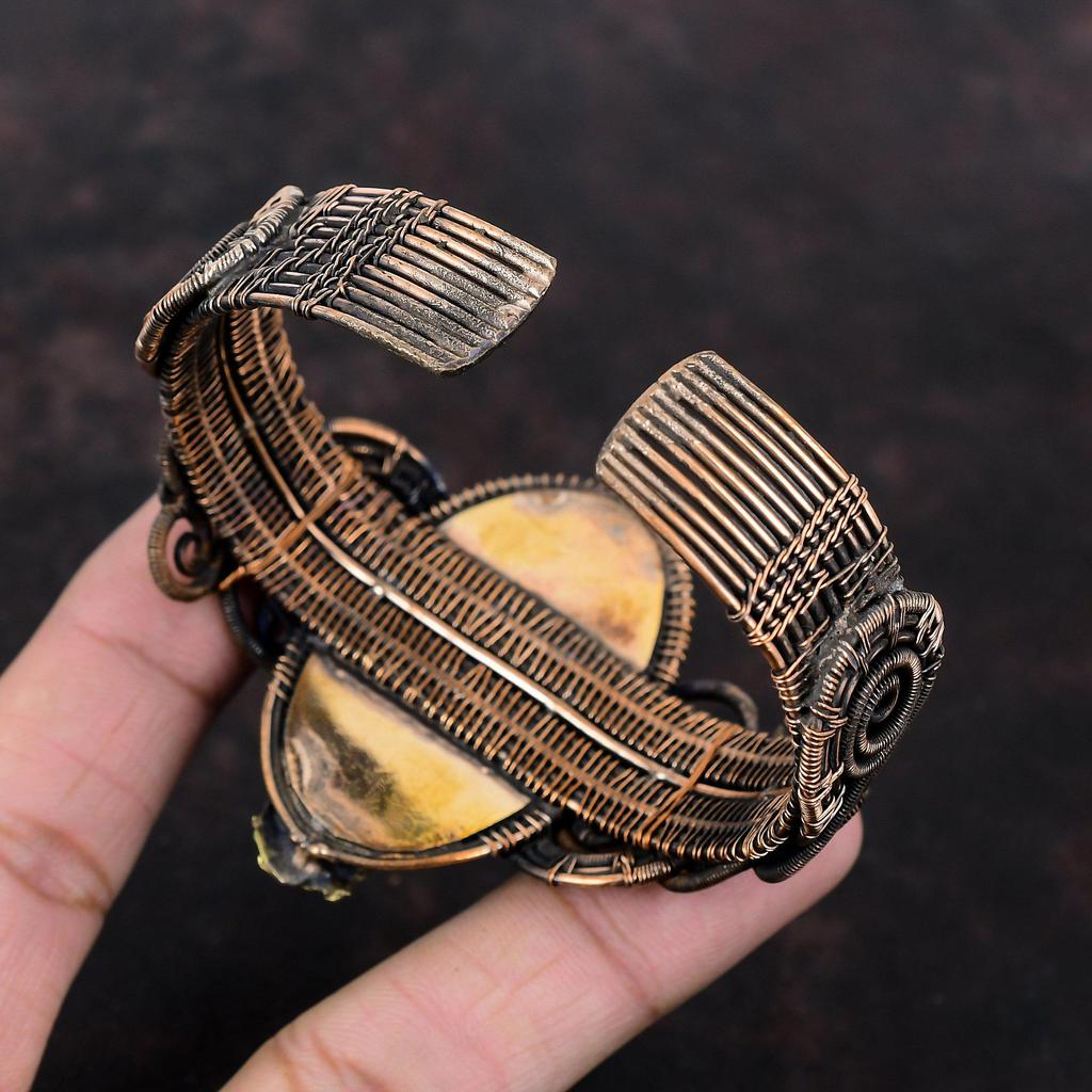 Pulseira de pedra preciosa de lápis-lazúli, bracelete de punho enrolado em fio de cobre, pulseira ajustável, joia feita à mão, bracelete de flor, presente de aniversário