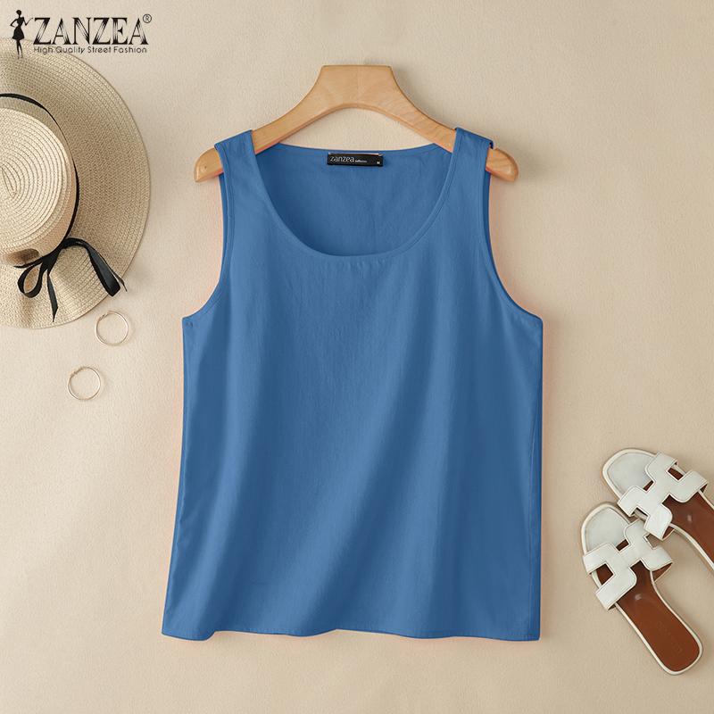 ZANZEA Women Casual Round Neck Solid Color Sleeveless Cotton Vest Tank Tops