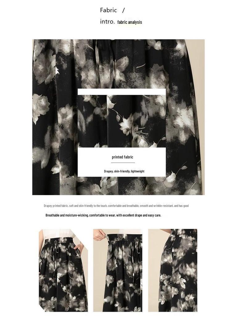 Women's 2026 Summer High-Waisted Wide-Leg Pants Skirt - Breathable, Printed, Slimming, Loose-Fit, Nine-Point Length