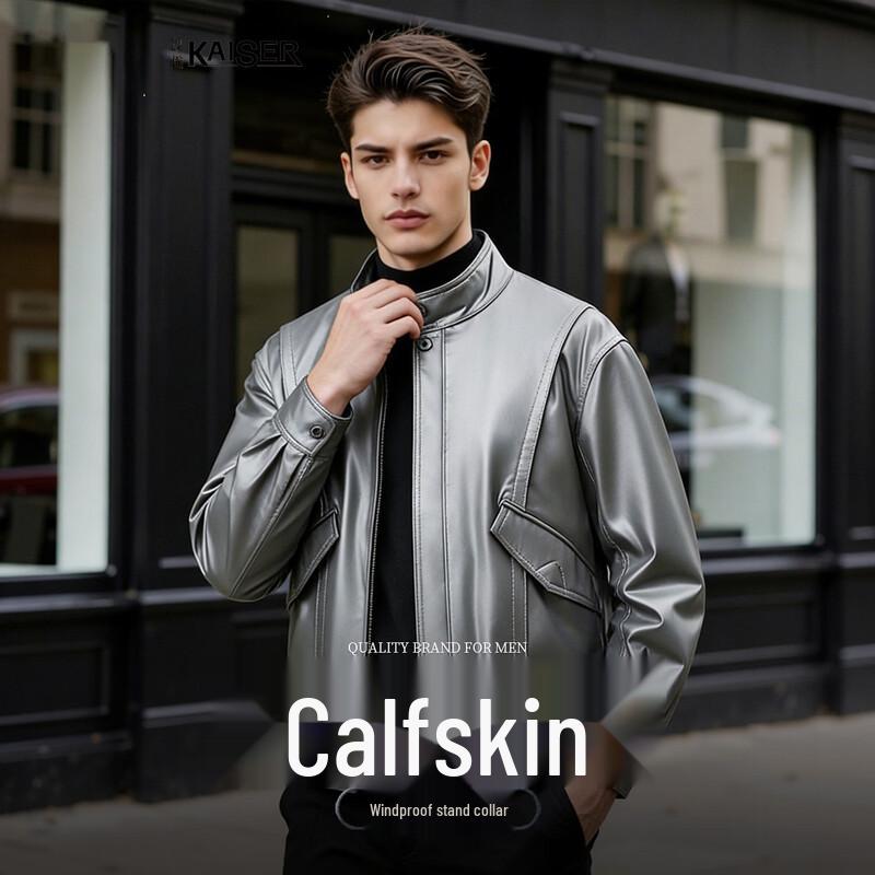 Kaisar Men s Stand-up Collar Soft Cowhide Leather Jacket 2XL