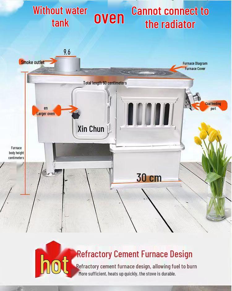 

Indoor Coal-Burning Heating Stove with Chimney and Radiators, Includes Water Tank for Boiling and Cooking.