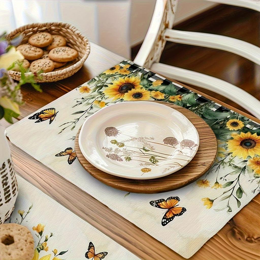 4pcs Rustic Style Sunflower and Butterfly Faux Linen Placemats, 12x18 Inches - Washable Kitchen & Party Table | Machine-Washable Dining Tablescape
