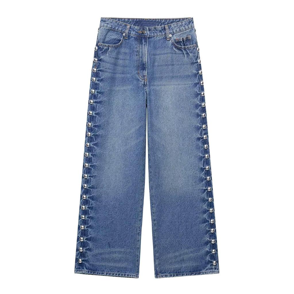 TAOP&ZA Women's Summer Fashion Rivet Denim Straight-Leg Pants