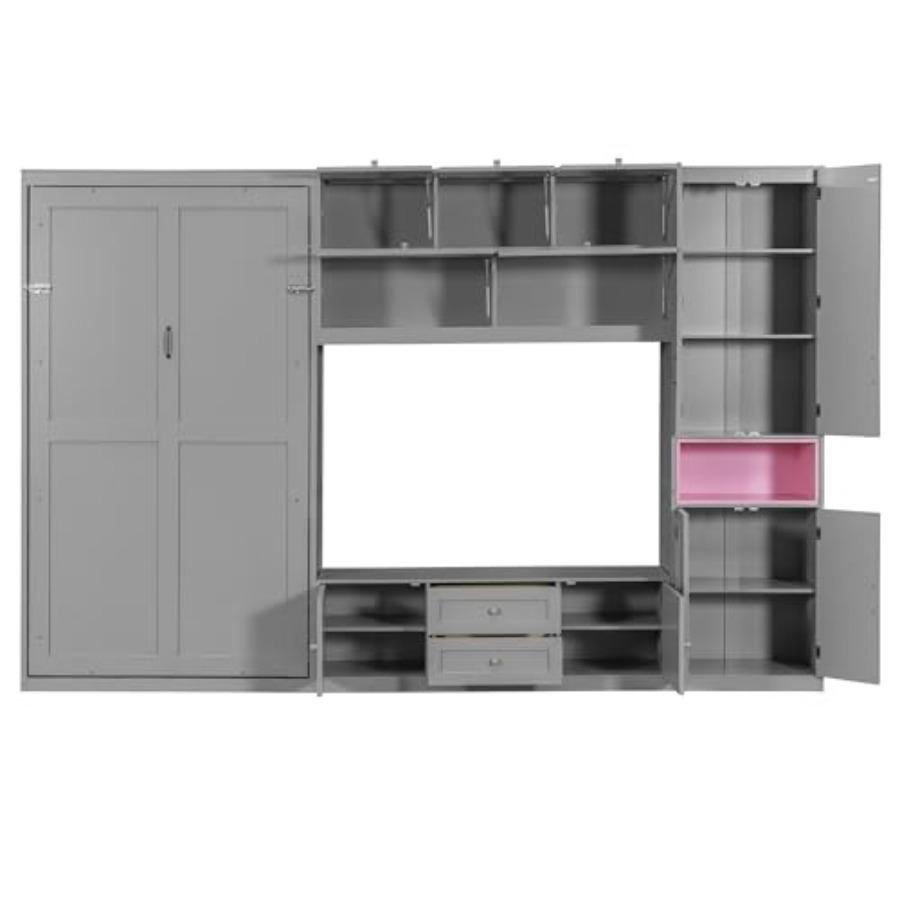 Twin Size Wooden Murphy Bed with TV Stand, Space-Saving Wall Bed Frame with 2 Drawers, Shelves, Cabinets, Foldable Platform for