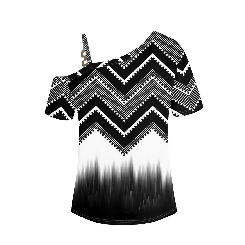 Tricou cu mânecă scurtă, cu umăr dezactivat, cu imprimeu casual pentru femei