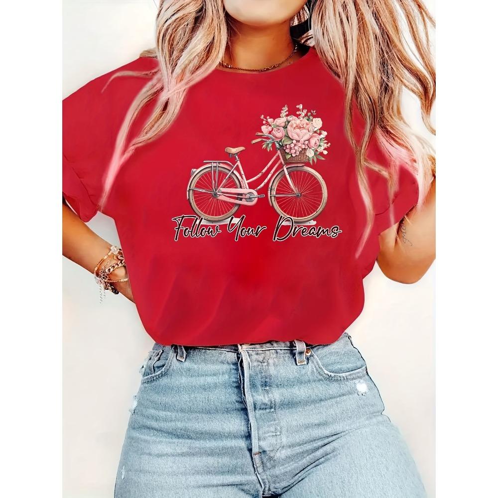 

Женская красная футболка с графическим принтом Следуй за своей мечтой и розовым велосипедным цветочным дизайном - Повседневный топ с коротким рукавом и круглым вырезом, идеально подходящий для весны 6XL