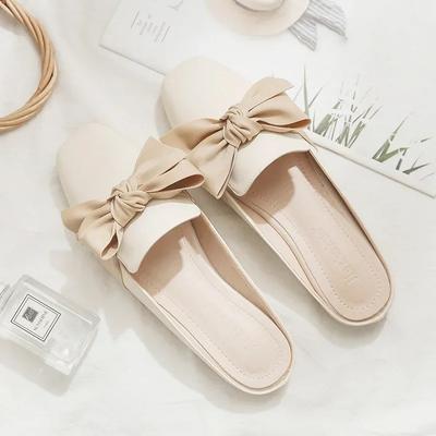 Casual Cover Toe Half Slippers for Women's Flat Shoes Bowknot Square Heel Slingback Slip-On Outdoors Slipper Chanclas Mujer