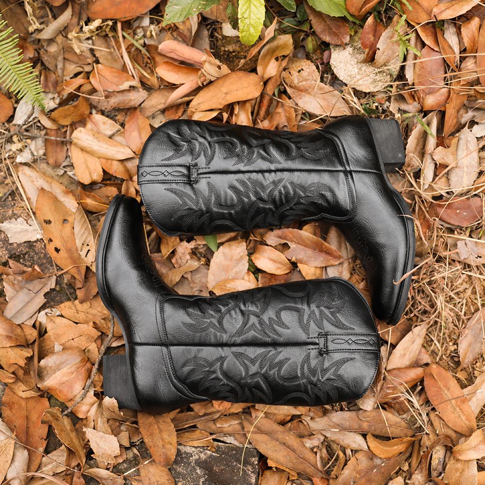 

Spot quick hair 6080 embroidered high-heeled men s wooden root boots European, American and western cowboy boots opp zipper bag packaging 38 чёрный