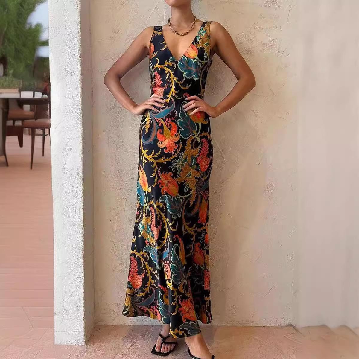 Cross-border European and American new women s clothing long dress Amazon explosive product positioning printing backless sleeveless pendulum dress S