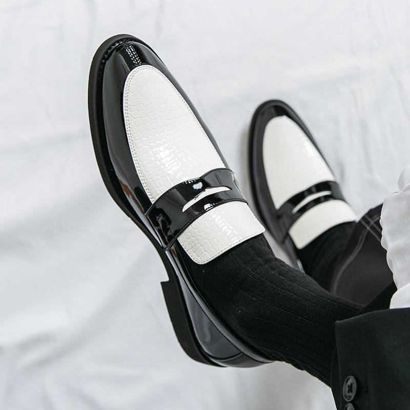 Men Black Loafers Leather Shoes Formal Business Flats Slip on Shoes Wedding Dress Prom Shoes Mosaic Contrast Over Sized