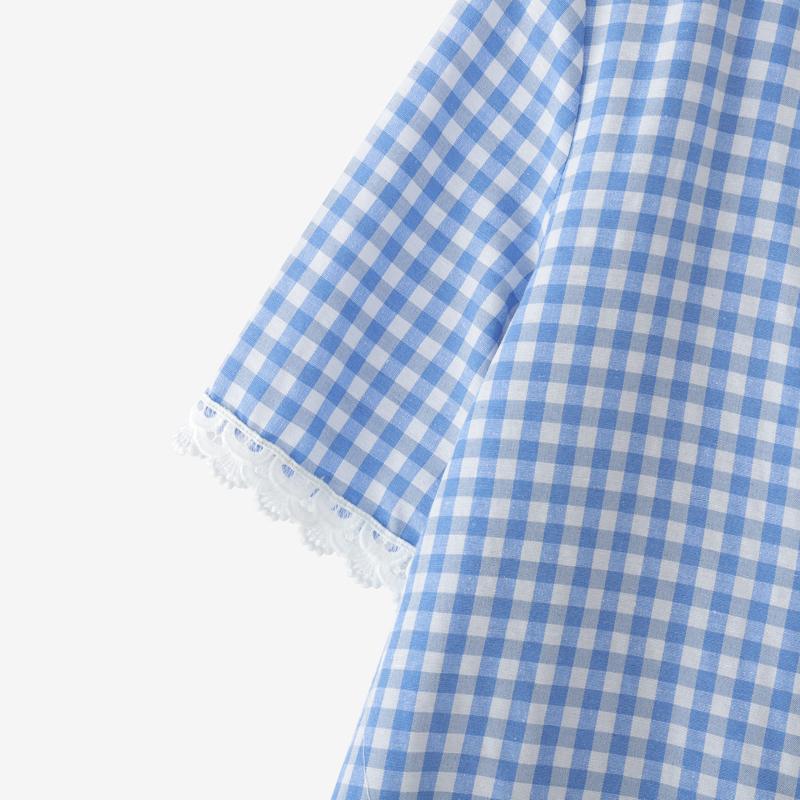 VONDA Women V Neck Short Sleeve Lace Crochet Patchwork Buttons Plaid Casual Blouse