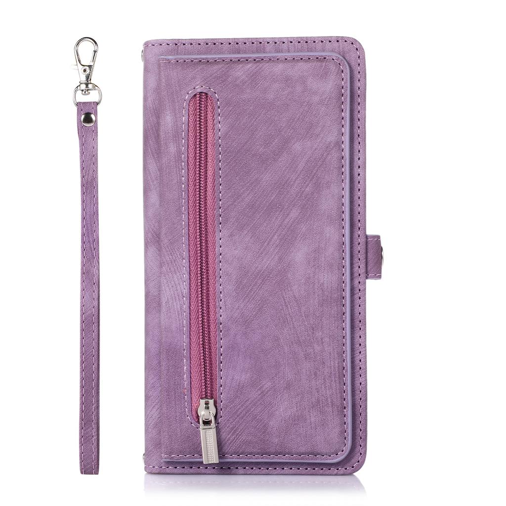 For iPhone 16 Pro Case Zipper Pocket 9 Card Slots PU Leather Phone Cover with Wrist Strap