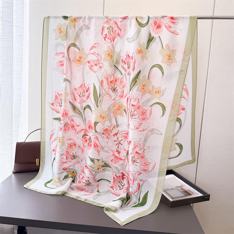 Korean Version Of Flower Simulation Silk New Silk Satin Fashion Sunscreen Spring And Summer Style Silk Scarf Long Scarf Shawl Versatile Scarf