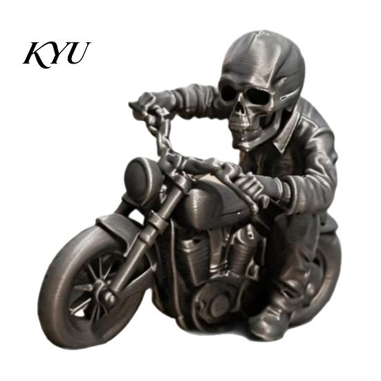 Distressed Style Collectible 3D Printed Skull Motorcycle Rider Statue, Cool Gothic Biker Skeleton Statue Figurine, Motorbike Sculpture Desktop