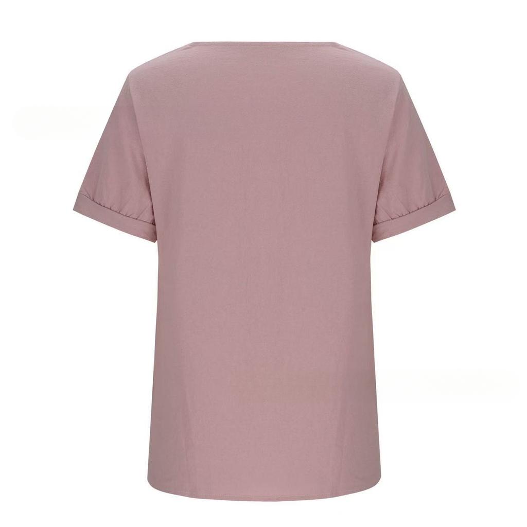 Temperament Casual Round Neck Top Cotton and Linen Button Up Women’s Blouses & Shirts