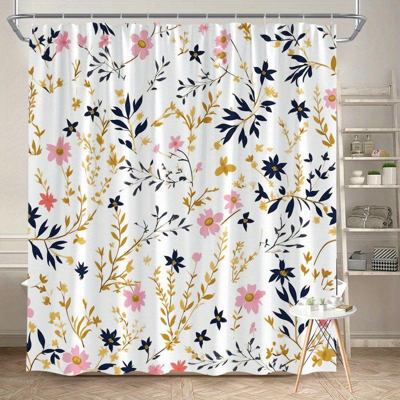 

1Pc Modern Pink Navy Gold Floral Pattern Shower Curtain, Polyester Fabric, Machine Washable, Suitable For Bathroom Decoration W60H190(CM)-1 Pcs