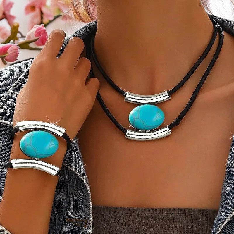 Halskette Armband Set Schwarzer Acryl Anhänger Mehrlagig Retro Schlichter Schmuck