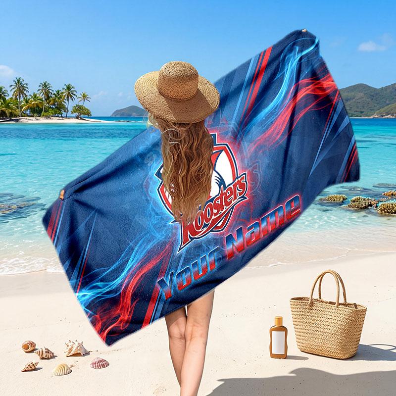 Sydney Roosters Customized Name Text Beach Towel, Soft Absorbent Towel Beach Pool Travel Personal Gift