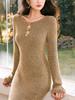 Luxurious Sparkle Wool Slim Fit Mermaid Knit Dress with Boat Neck and Floral Cutout Buttons