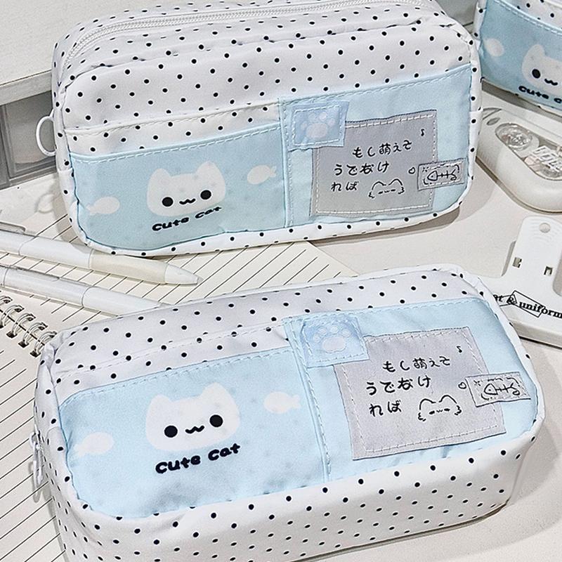 Kreskówkowy Uroczy Kot w Kropki Piórnik Duża Pojemność Wielowarstwowa Torba na Artykuły Szkolne Piórniki Artykuły Szkolne dla Uczniów