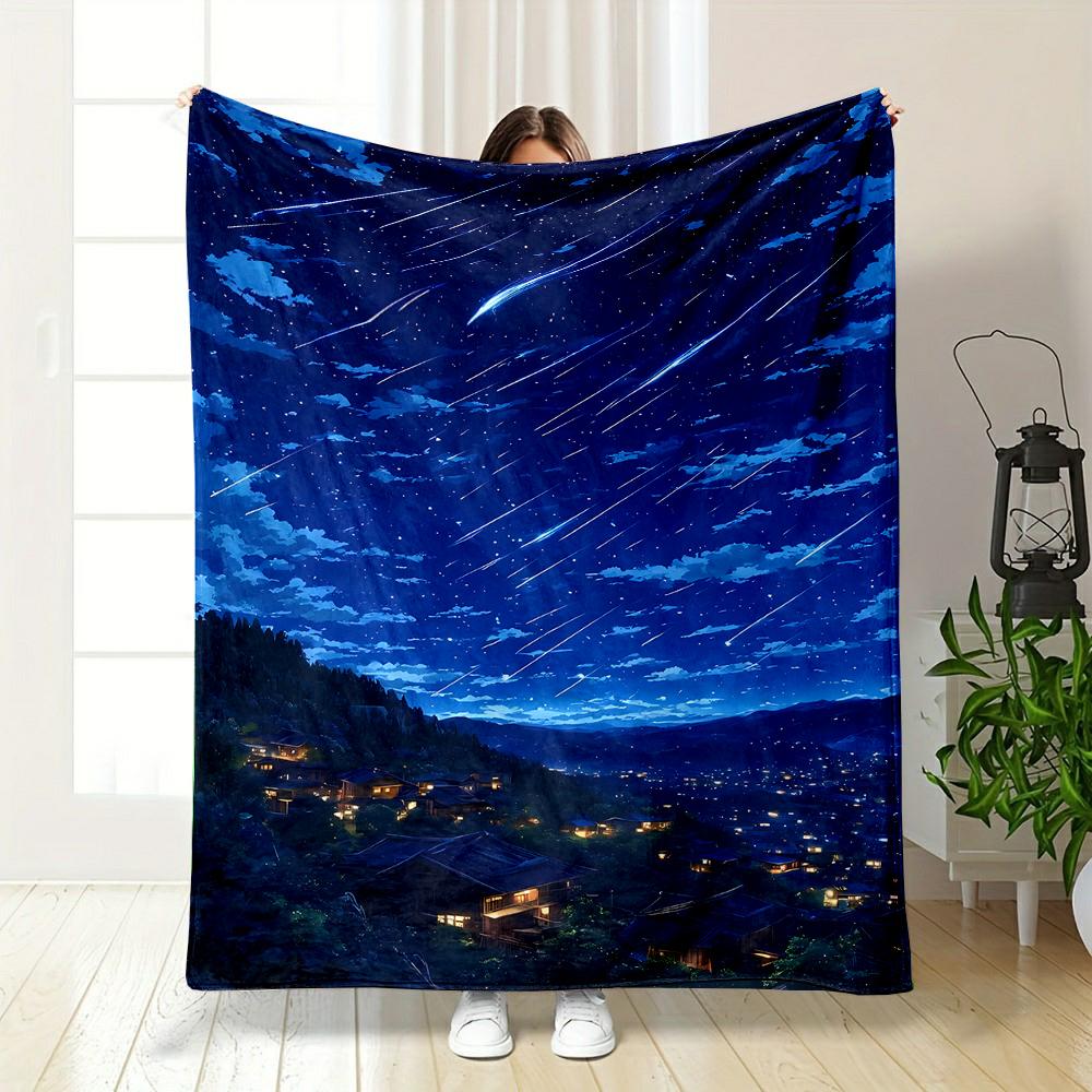 Starry Night Sky with Meteor Shower Patterned Flannel Blanket Perfect for the Bedroom Living Room, Sofa, or a Little Nap