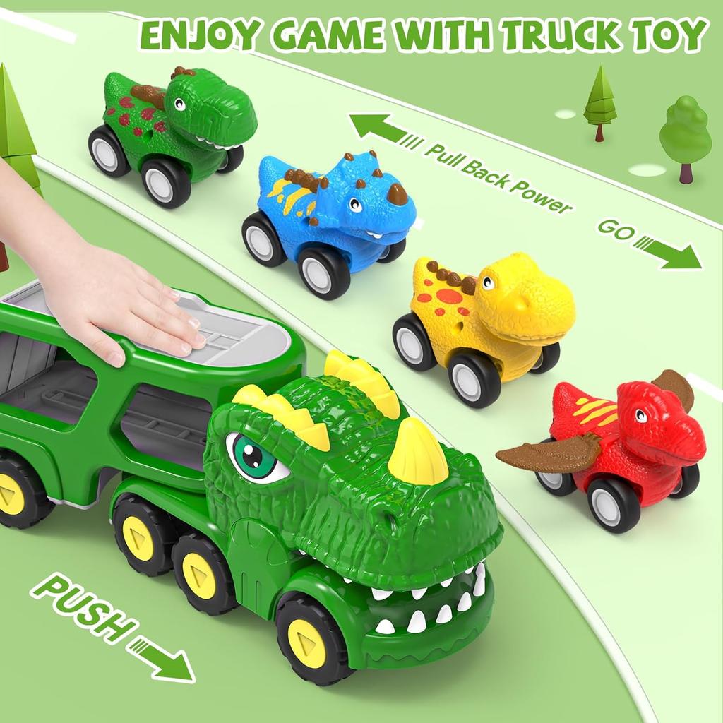 Dinosaur Toys for 1 2 3 4 5 Year Old Boy, Dinosaur Trucks for Toddlers 2-4 Years with 4 Small Pull Back Dino Cars, Kids Christmas Birthday Gifts for