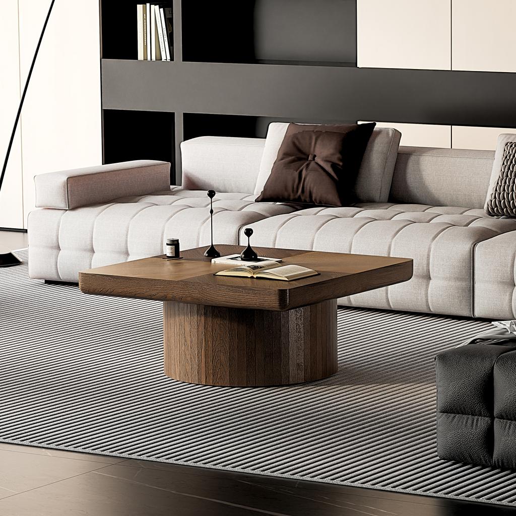 78cm Square Coffee Table for Living Room, Modern Wood Veneer Top with Parquet Pattern & Cylindrical Base, Thickened Tabletop, Easy Assembly, Walnut