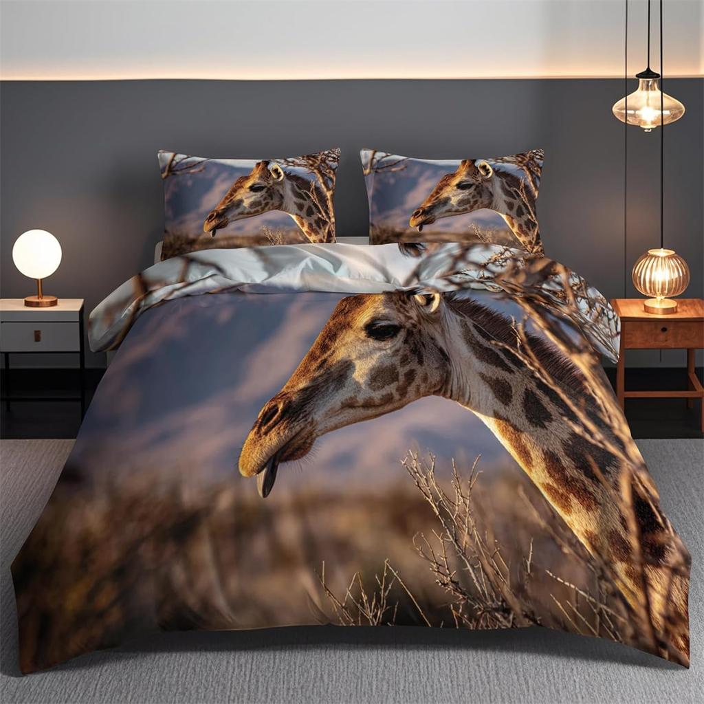 Giraffe Cartoon Style Print Bedding Set Double, Microfiber Quilt Cover with Zipper and Pillowcases, Kids Boys Teens Room Decor